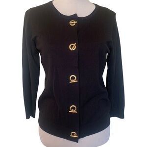 Ellen Tracy black sweater with gold tone toggle closure.